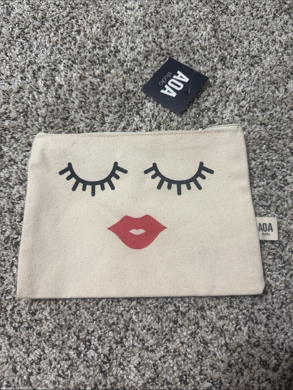 Aa Studio Cream Canvas Pouch with Black Eyelashes and Red Lips